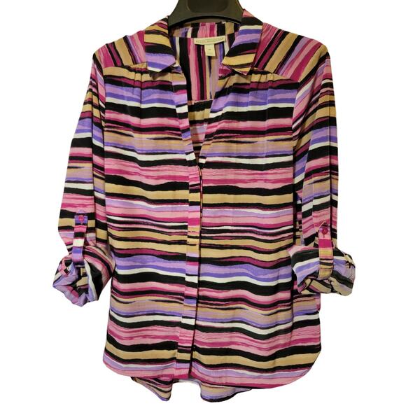 Dana Buchman Striped Blouse Hidden Buttons Roll-up button-tab sleeves Women Sz M - Picture 1 of 6